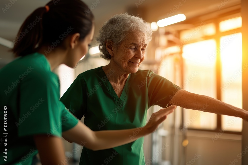 Obraz premium Caregiver assisting senior woman in a rehabilitation setting during sunset.