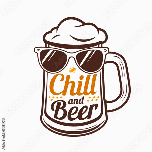 t-shirt print, Cool beer mug with foam and sunglasses with "Chill and Beer" text
