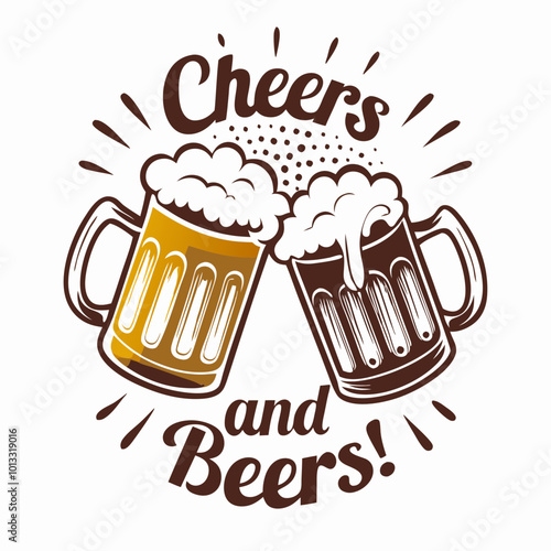 t-shirt print, Two beer mugs clinking with "Cheers and Beers" text design