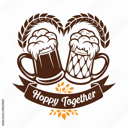 t-shirt print, Two beer mugs with "Hoppy Together" text and wheat illustration