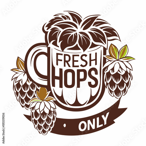 t-shirt print, Fresh hops beer mug illustration with "Fresh Hops Only" text