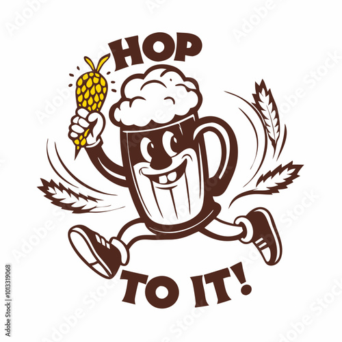 t-shirt print, Cartoon beer mug running with hops and "Hop To It" text design