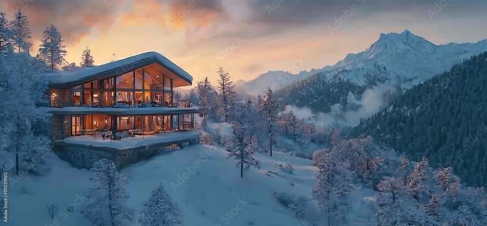 Fototapeta premium Modern cabin in the mountains with snowy trees and sunset sky.