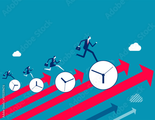 Time management, effort or efficiency boost, productivity to finish project, teamwork or planning, multitasking or finish work within deadline concept, business people riding clock up rising arrow.