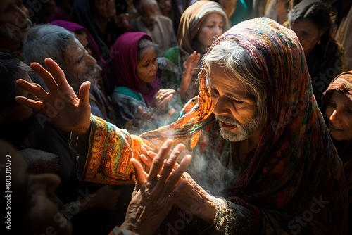 Christianity. A woman with a bleeding disorder touches Jesus' cloak and is healed. (Matthew 9:20-22)