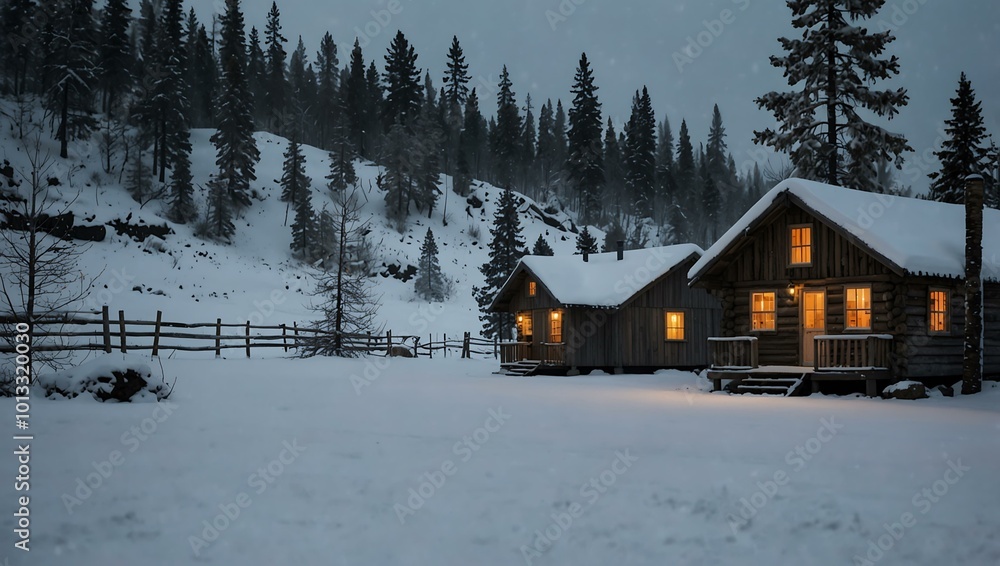 Rustic cabins in a Nordic winter landscape. Rustic cabins in a Nordic winter landscape.