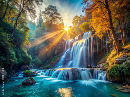 stunning waterfall cascades through vibrant autumn forest at sunset, with golden rays illuminating scene. tranquil water flows gently, creating serene atmosphere