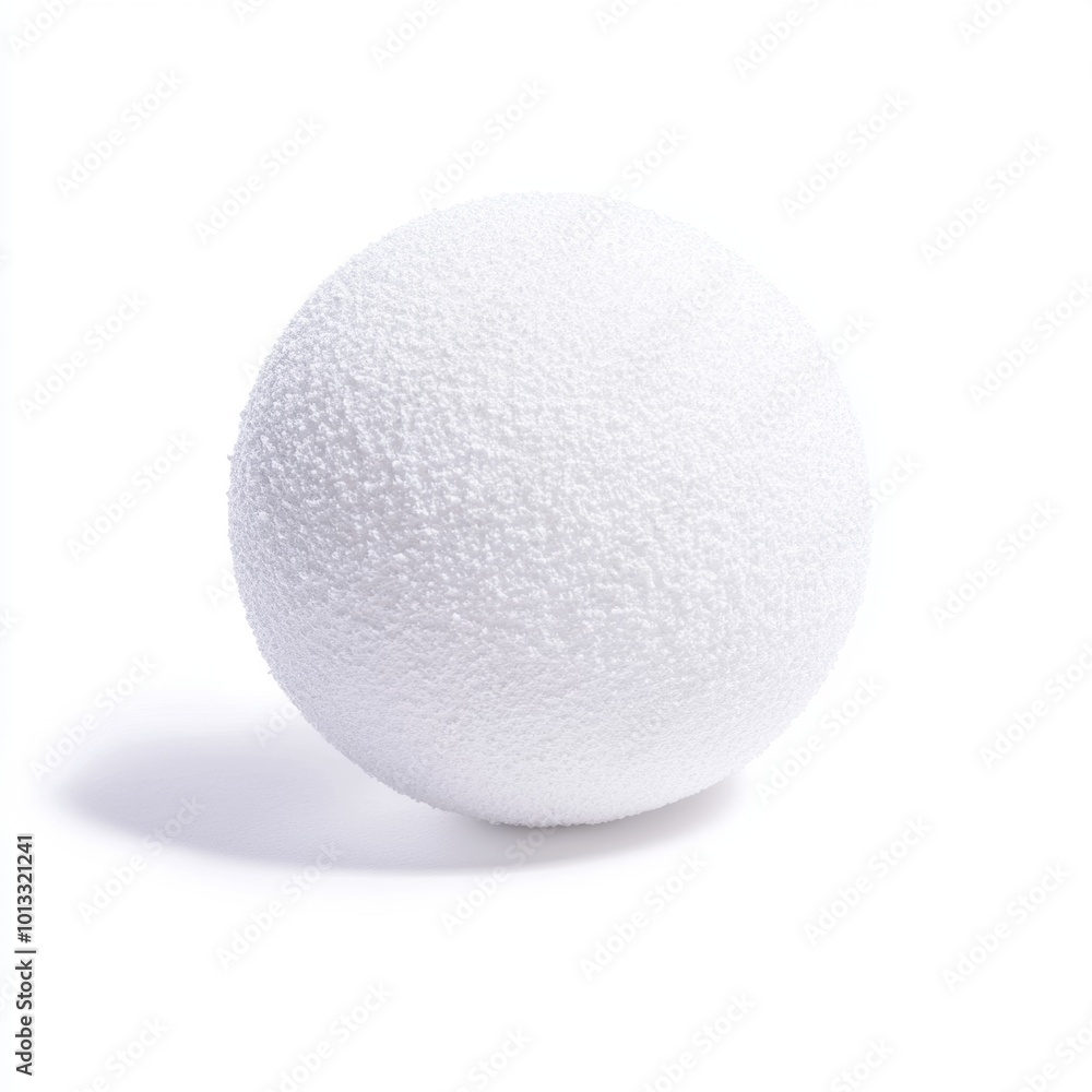Snowball white. White Styrofoam ball with a textured surface, isolated on a clean white background, showing fine details of its structure. Snowball white. White Styrofoam ball with a textured surface, isolated on a clean white background, showing fine details of its structure.