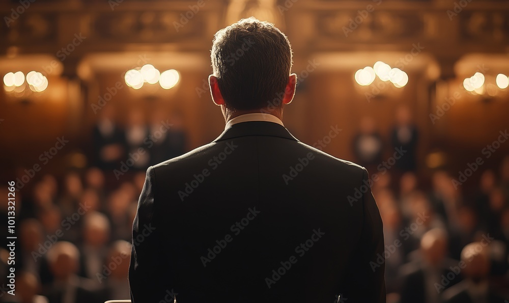 Back view of a politician in a black suit standing in front of an audience, delivering an important announcement and political speech, Generative AI Back view of a politician in a black suit standing in front of an audience, delivering an important announcement and political speech, Generative AI