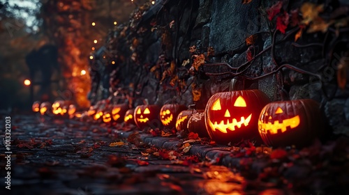 A row of jack-oa??-lanterns glowing eerily on an old stone wall, framed by twisted vines and scattered leaves. photo