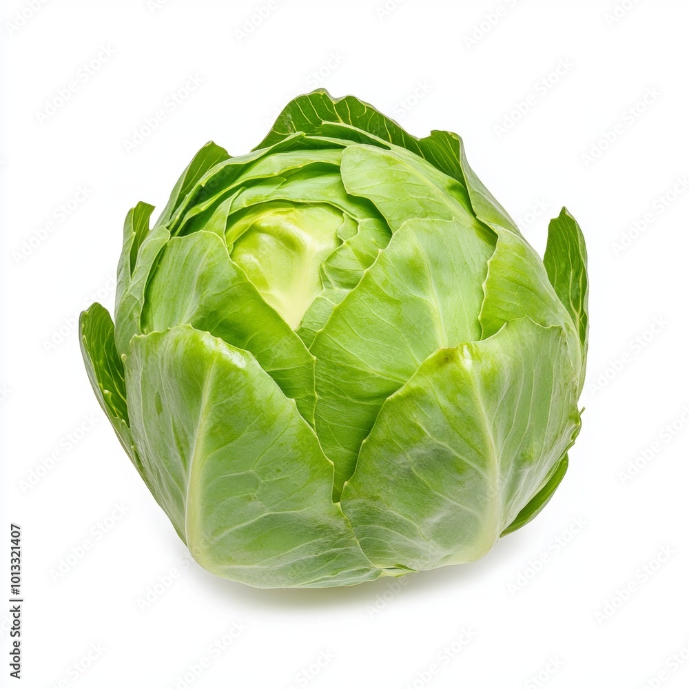 Obraz premium head of green cabbage, perfectly isolated on a clean white background, showcasing its vibrant layers and fresh texture