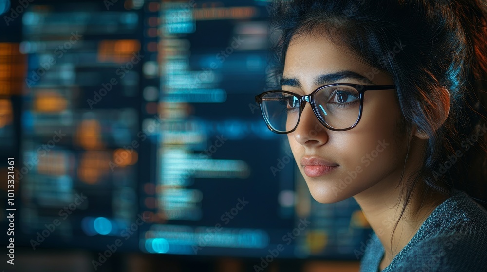Young Female Artificial Intelligence Engineer Working on Computer in a Technological Office. Young Indian Specialist Writing Software Code for an Innovative Big Data Blockchain Young Female Artificial Intelligence Engineer Working on Computer in a Technological Office. Young Indian Specialist Writing Software Code for an Innovative Big Data Blockchain
