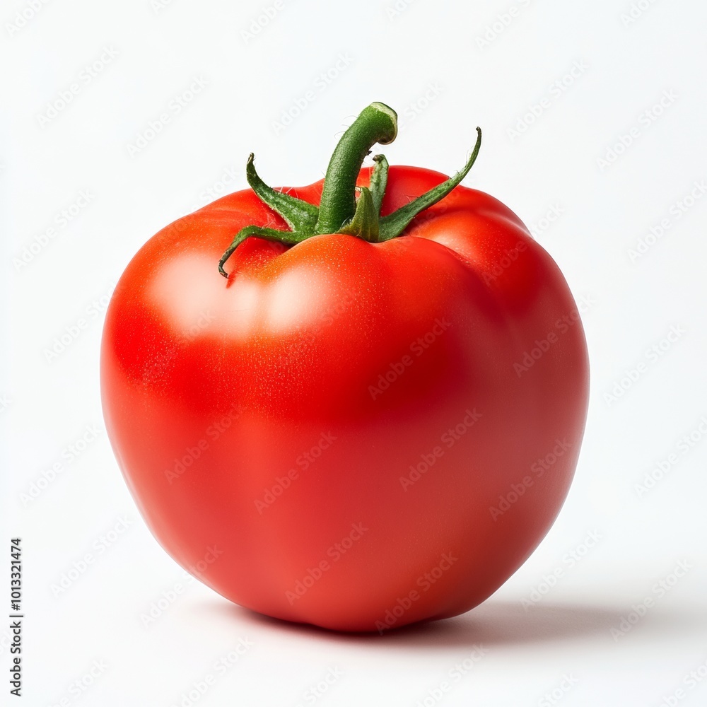 Plump red tomato with a vibrant green stem, isolated on a white background, showing its smooth, glossy surface. Plump red tomato with a vibrant green stem, isolated on a white background, showing its smooth, glossy surface.