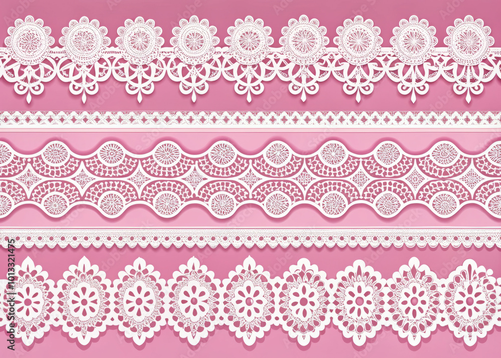 Elegant set of six white lace borders on soft pink background, perfect for adding delicate touch to various design projects. These intricate patterns enhance creativity and charm Elegant set of six white lace borders on soft pink background, perfect for adding delicate touch to various design projects. These intricate patterns enhance creativity and charm