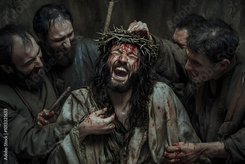 Christianity. Jesus is mocked by soldiers, given a crown of thorns before His crucifixion. (Matthew 27:27-31) photo