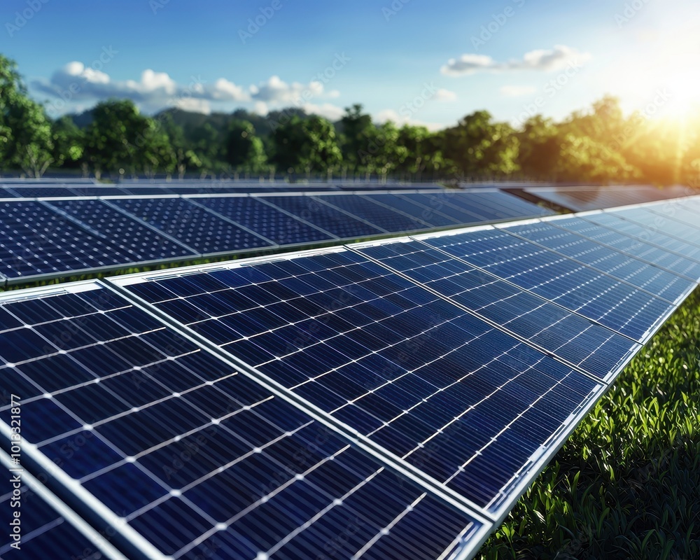Solar panels in a green field under bright sunlight, showcasing renewable energy. Solar panels in a green field under bright sunlight, showcasing renewable energy.