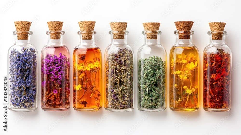 Colorful glass bottles filled with various dried herbs and flowers. Colorful glass bottles filled with various dried herbs and flowers.
