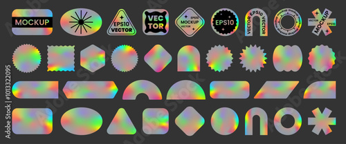 Big set of colorful neon stickers, blank templates, label with holographic effect. Shiny rainbow emblems of different shapes. Mockup for shopping icons. Realistic gradient hologram. Vector EPS10