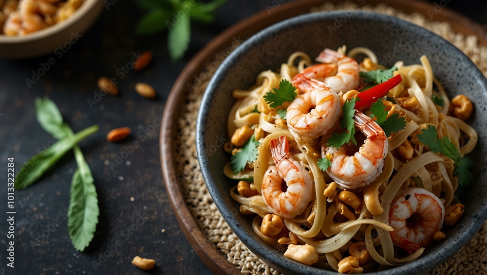 Savory shrimp pad Thai garnished with peanuts and herbs. Savory shrimp pad Thai garnished with peanuts and herbs.