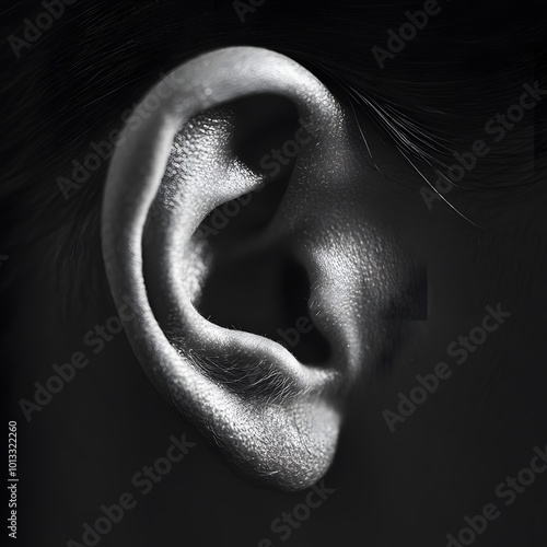 close-up of human ear in black and white