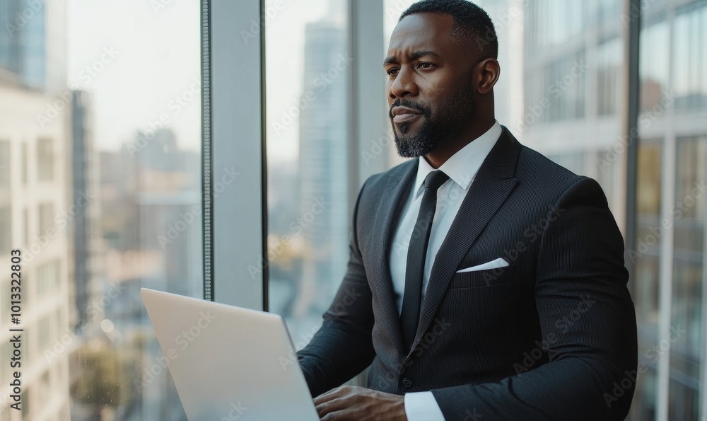 Thoughtful Black Businessman in a Tailored Suit Using Laptop while Standing in Office Near Window on Big City. Successful Corporate Top Manager Doing Data Analysis for e-Commerce Thoughtful Black Businessman in a Tailored Suit Using Laptop while Standing in Office Near Window on Big City. Successful Corporate Top Manager Doing Data Analysis for e-Commerce