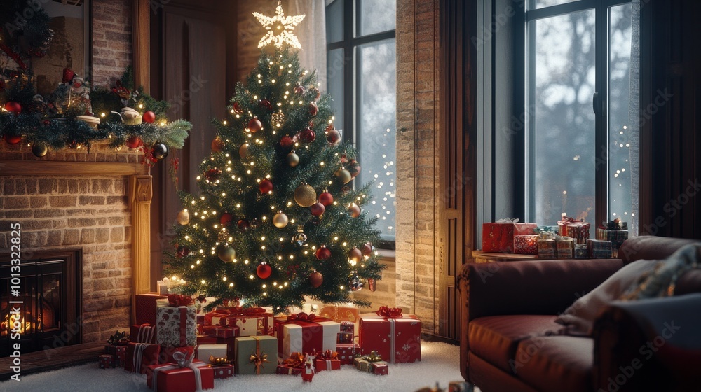 A comfortable scene with a Christmas tree decorated with ornaments, wrapped presents, and lit strings A comfortable scene with a Christmas tree decorated with ornaments, wrapped presents, and lit strings