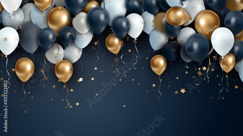 Navy blue and white birthday background with gold stars and cheerful party streamers