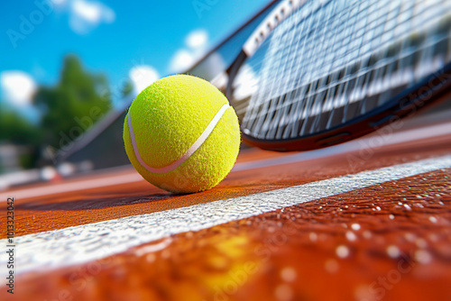 A tennis ball is on the ground next to a tennis racket