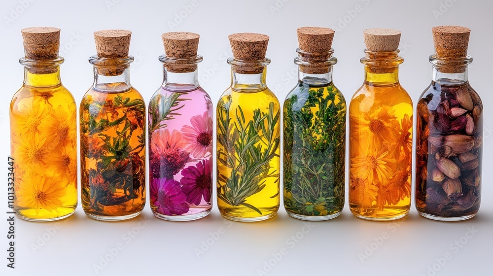 Colorful glass bottles filled with various infused oils and flowers. Colorful glass bottles filled with various infused oils and flowers.