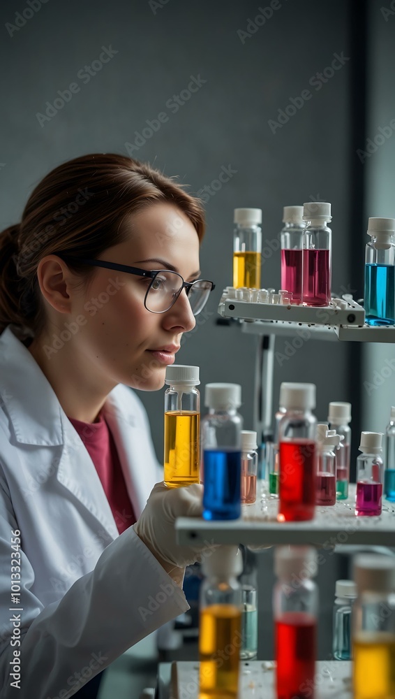 Scientist examining colorful vials during an experiment in a modern lab. Scientist examining colorful vials during an experiment in a modern lab.