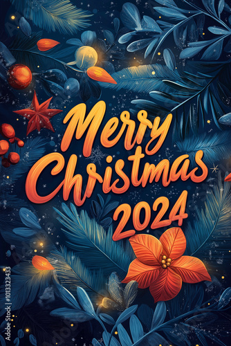  illustration of Merry Christmas 2024 Typography with Decorative Ornaments and Winter Foliage