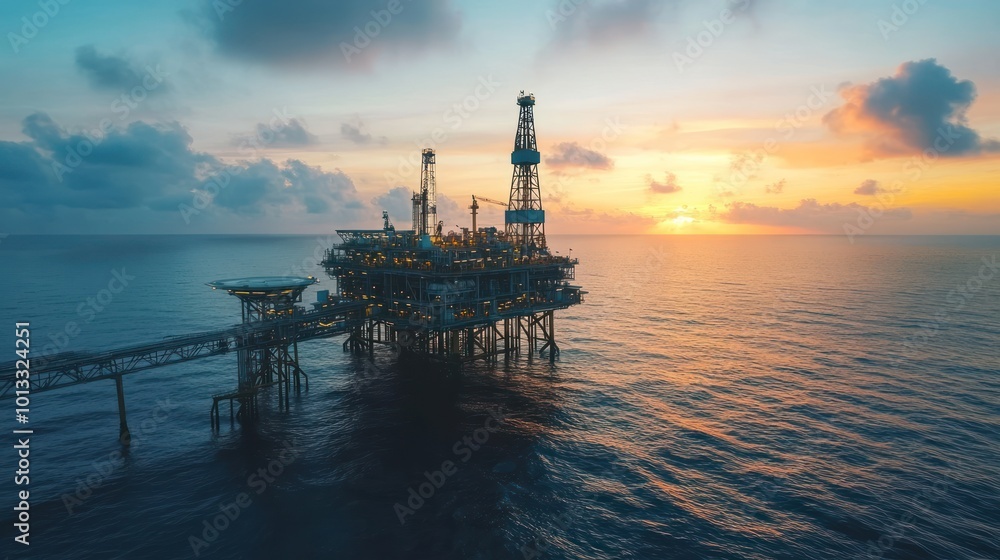 Oil rig platform in the sea at dusk Oil rig platform in the sea at dusk