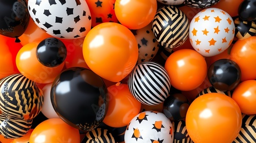 A vibrant assortment of Halloween balloons in orange, black, and white, featuring fun patterns like stripes, stars, and polka dots photo