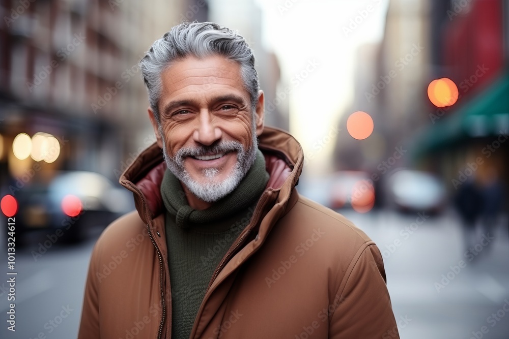 Portrait of a smiling senior man walking in the city at night Portrait of a smiling senior man walking in the city at night