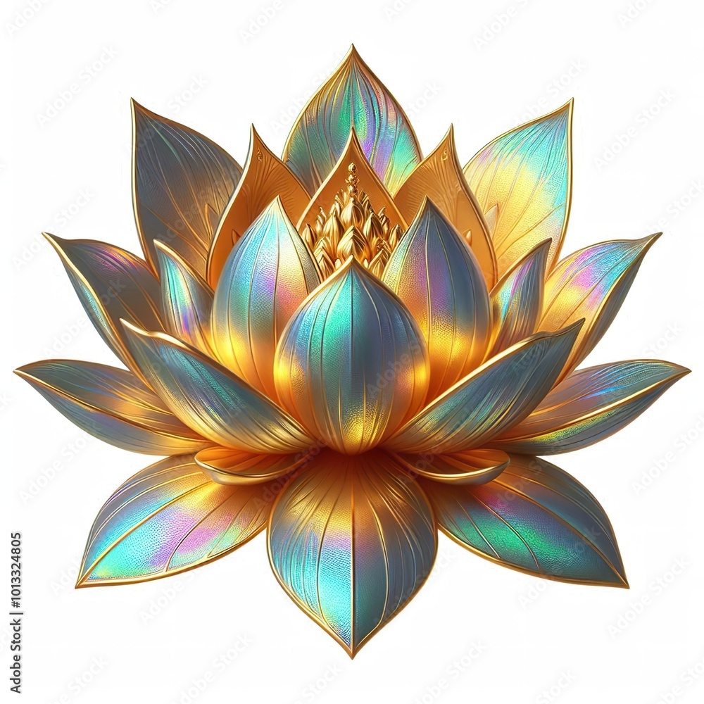 glowing metallic iridescent golden lotus on a white background glowing metallic iridescent golden lotus on a white background