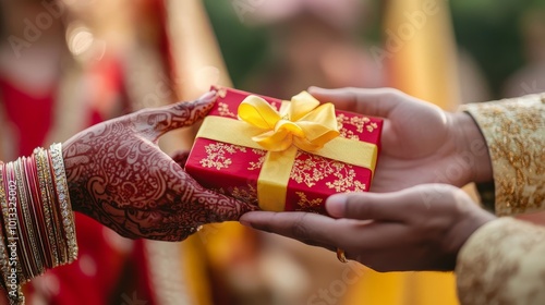 Indian husband and wife exchange gifts on special day. Red gift box with yellow ribbon between two hands at wedding ceremony or other traditional Indian festival celebration.