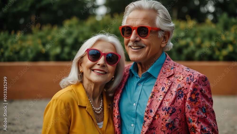 Senior couple in stylish sunglasses and vibrant outfits. Senior couple in stylish sunglasses and vibrant outfits.