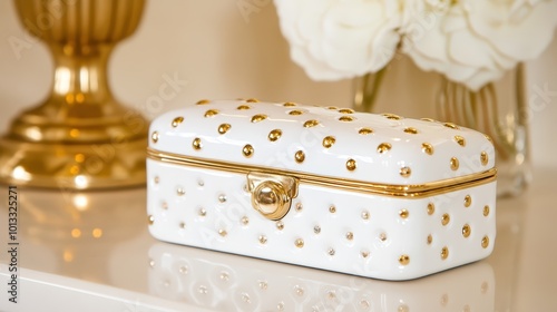 Elegant white jewelry box with gold accents