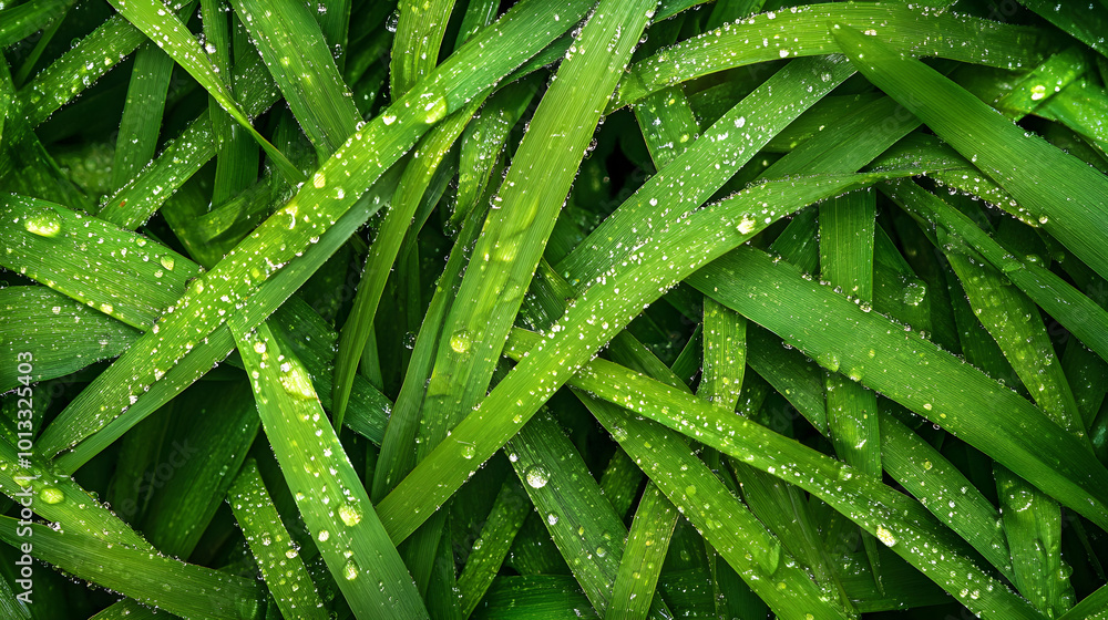 Lush green grass with water droplets creates refreshing and vibrant scene Lush green grass with water droplets creates refreshing and vibrant scene