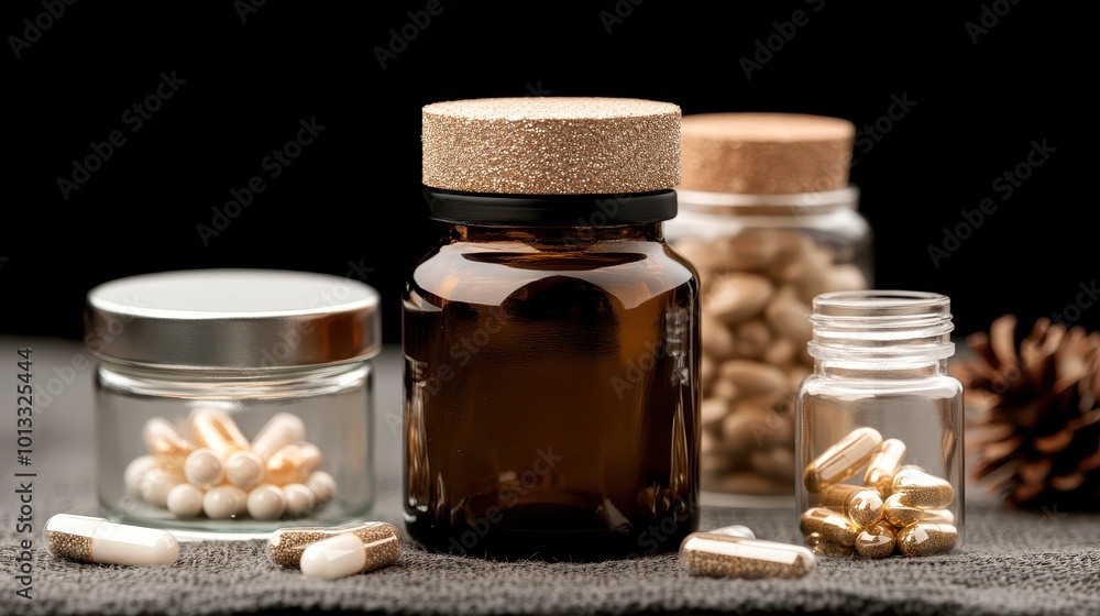 Modern Medicine Cabinet with Natural Supplements and Pills on Shelves Modern Medicine Cabinet with Natural Supplements and Pills on Shelves