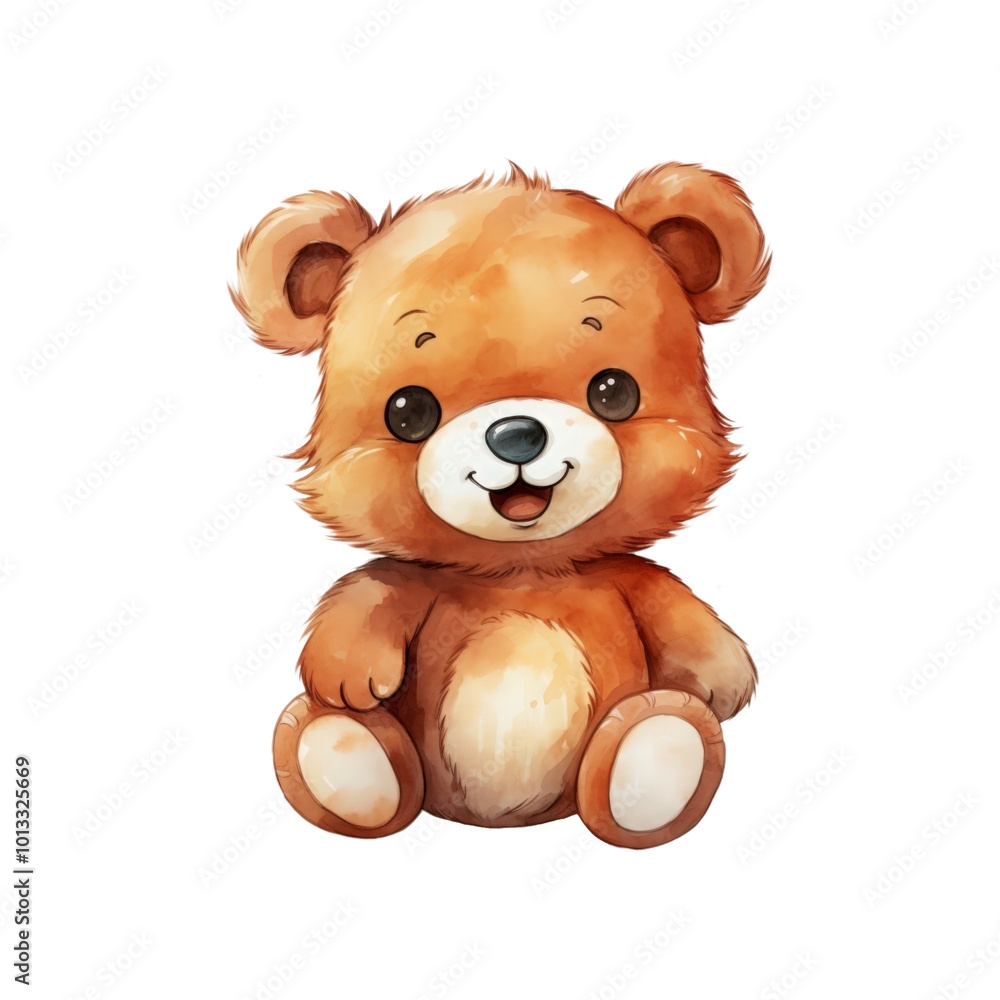 Obraz premium smiling teddy bear with large brown eyes. This bear is ideal for use in children's books, toys, greeting cards, and nursery decor. A cute and cuddly character. Generative AI