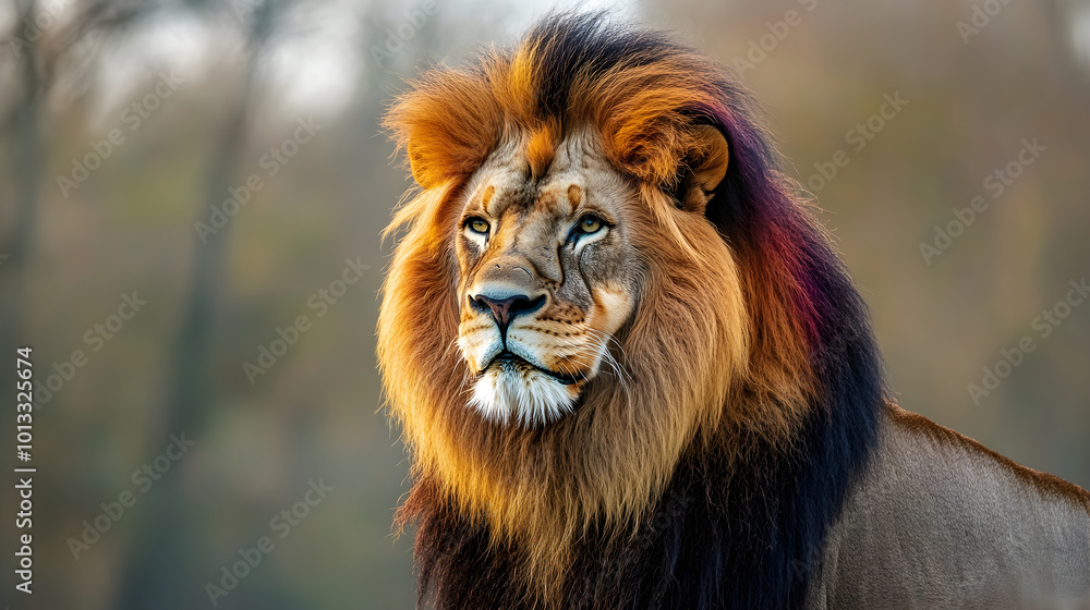 Fototapeta premium Majestic lion portrait with colorful mane showcasing strength and beauty