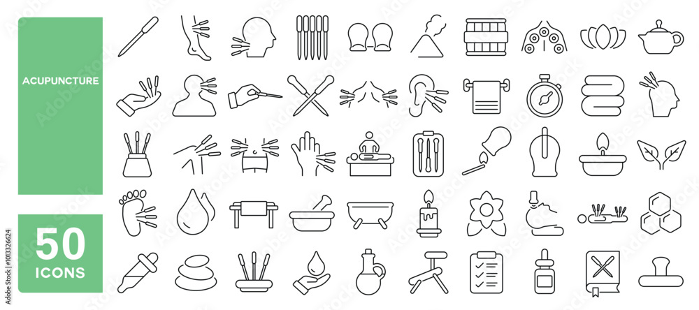 Set of 50 line icons related to acupuncture, needle, acupuncturist, moxibustion, cupping, stimulation, point, body, therapy, Editable stroke. Vector illustration Set of 50 line icons related to acupuncture, needle, acupuncturist, moxibustion, cupping, stimulation, point, body, therapy, Editable stroke. Vector illustration