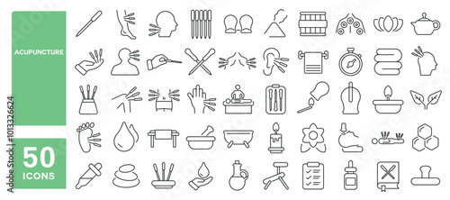 Set of 50 line icons related to acupuncture, needle, acupuncturist, moxibustion, cupping, stimulation, point, body, therapy, Editable stroke. Vector illustration