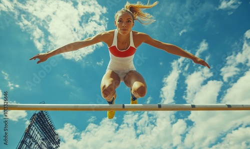 High Jump Championship: Professional Female Athlete on World Championship Successfully Jumping over Bar. Shot of Competition on Stadium with Sports Achievement Experience. Determination of