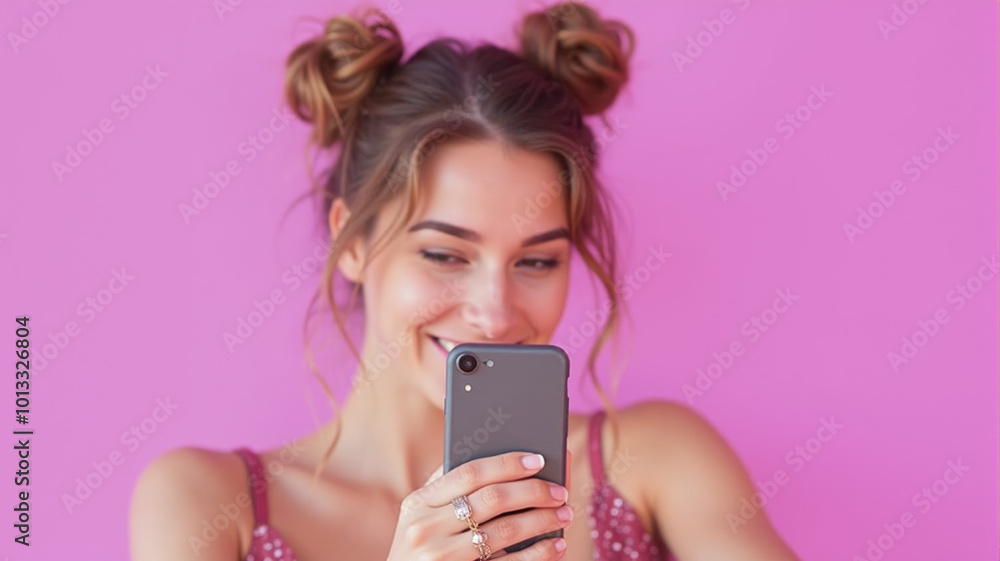 woman with mobile phone on pink background woman with mobile phone on pink background