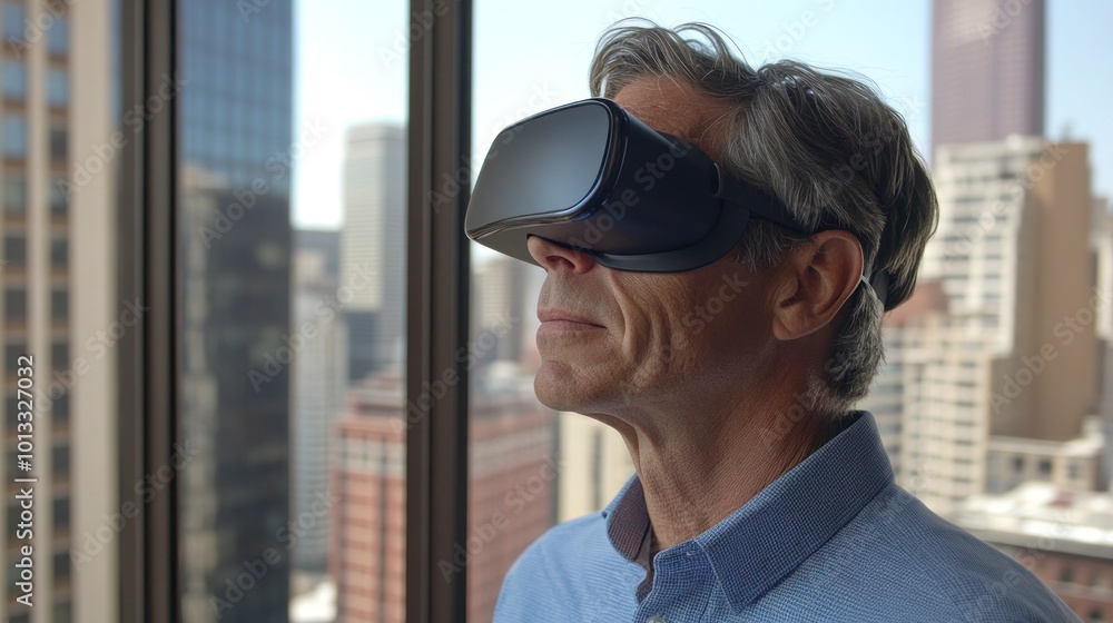 Man Experiencing Virtual Reality in City Man Experiencing Virtual Reality in City