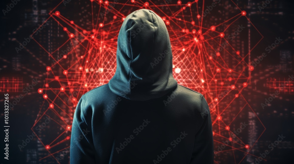 Man in black hoodie with red shield and padlock icon on dark blue background cybersecurity theme Man in black hoodie with red shield and padlock icon on dark blue background cybersecurity theme