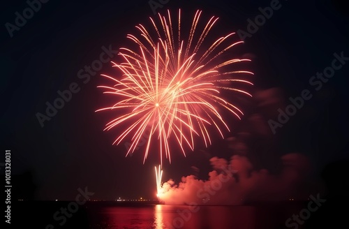 beautiful red fireworks over the city in the night sky photo