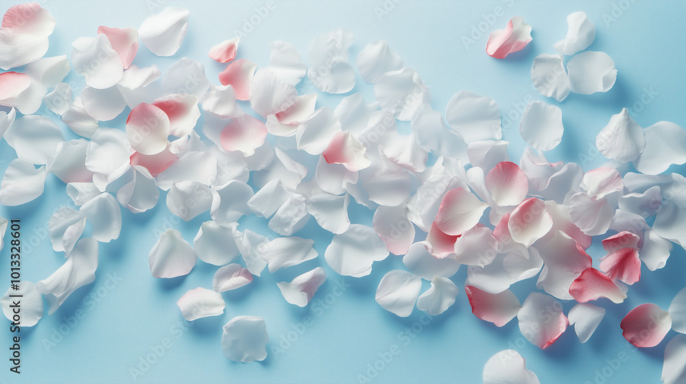 Obraz premium Background, beautiful texture for design Delicate white and pale pink flower petals on a soft blue background